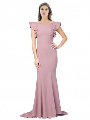 Discount Flutter Sleeves Low V-Back High Round Neck Crepe Prom Dress UK