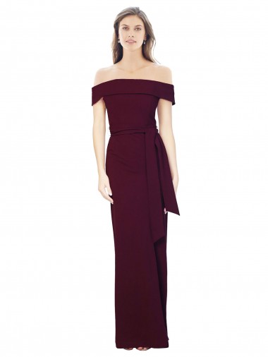 Discount Off the Shoulder Long Crepe Prom Dress with Waist Tie UK
