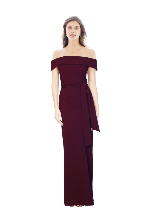 Off the Shoulder Long Crepe Prom Dress with Waist Tie