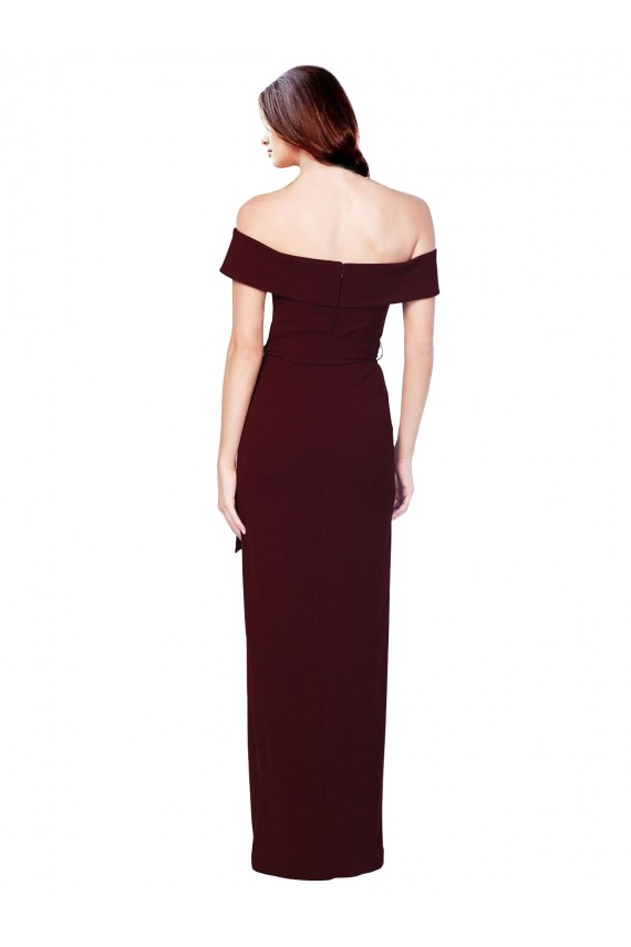 Off the Shoulder Long Crepe Prom Dress with Waist Tie