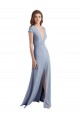 Plunging V-Neck Cap Sleeves Stretch Crepe Prom Dress with Front Slit
