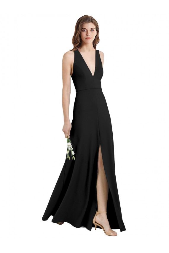 Sleek Halter V-Neck Long A-Line Stretch Crepe Prom Dress with Front Slit