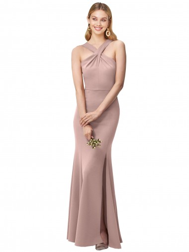 Discount Long Floor Length High Neck Fit and Flare Stretch Crepe Prom Dress with Side Slit UK