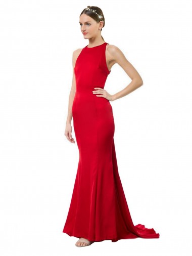 Discount High Neck Mermaid Open Back Crepe Maxi Prom Dress with Train Detail UK