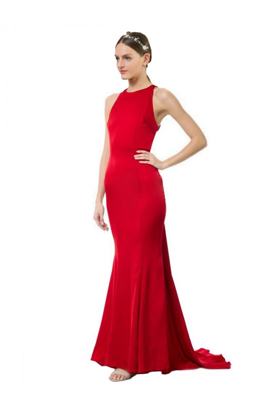 High Neck Mermaid Open Back Crepe Maxi Prom Dress with Train Detail