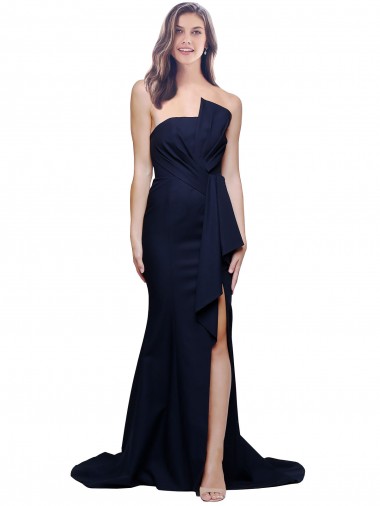 Discount Long Strapless Sweep Train Low Back Crepe Prom Dress UK