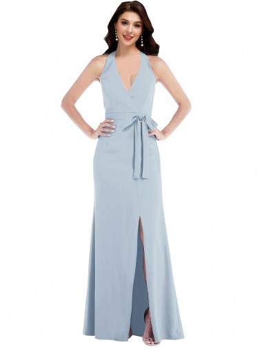 Discount Open Back Halter Maxi Crepe Prom Dress with Draped Bow UK
