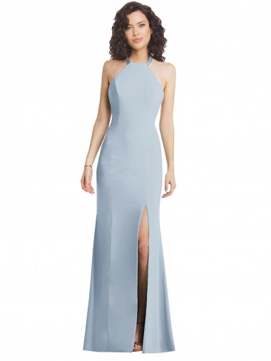Discount High Neck Halter Crepe Prom Dress with Twist Criss Cross Back UK