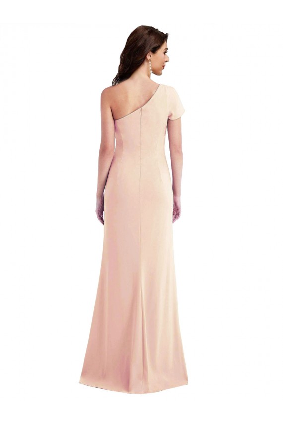 One Shoulder Cap Sleeves Trumpet Crepe Prom Dress with Front Slit
