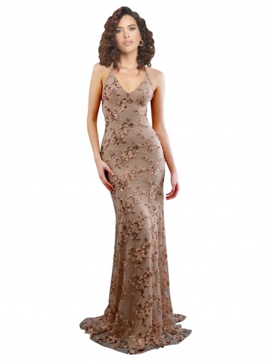 Discount Floral Patterned Backless V-Neckline Sequin Prom Dress UK