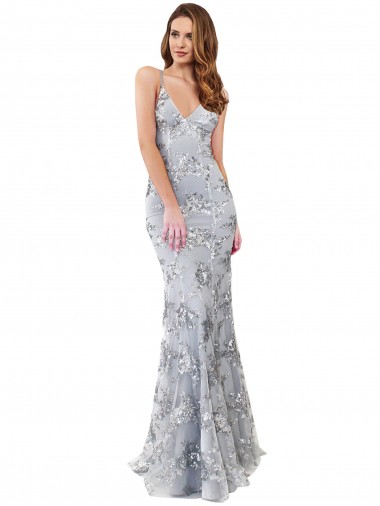 Discount Silver V-Neckline Backless Floral Patterned Sequin Prom Dress UK