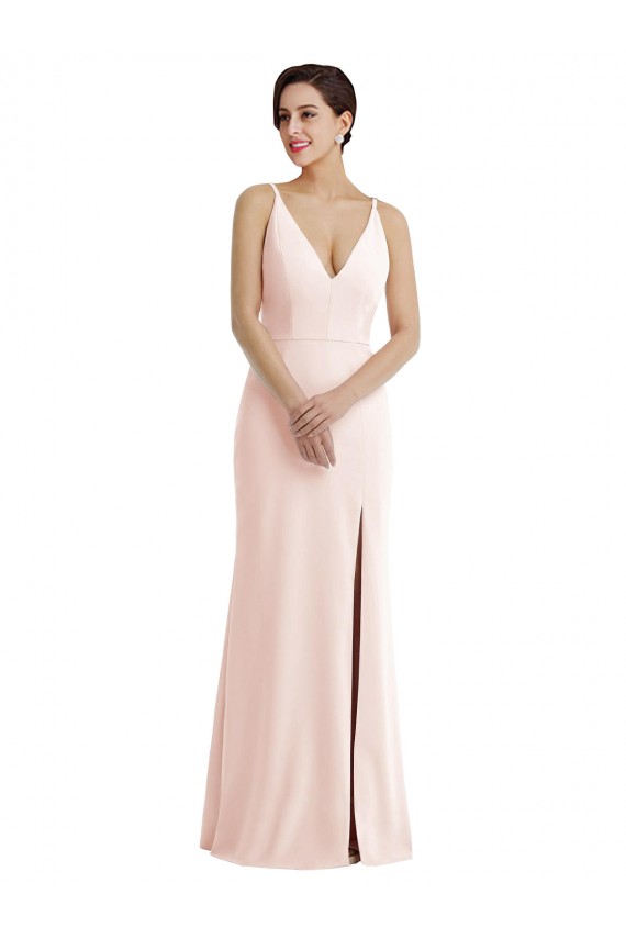 Skinny Strap Deep V-Neck Trumpet Crepe Prom Dress with Front Slit