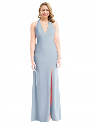 Discount Plunge Neck Halter Backless Trumpet Prom Dress with Front Slit UK