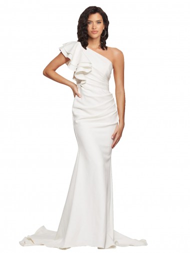 Discount Ruched Long Sweep Train Crepe Prom Dress with Shoulder Ruffles UK
