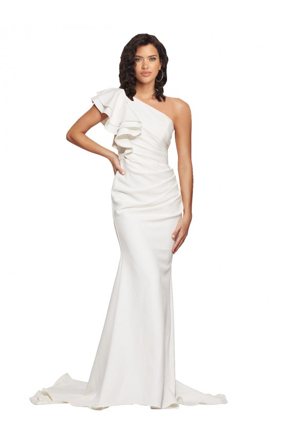 Ruched Long Sweep Train Crepe Prom Dress with Shoulder Ruffles