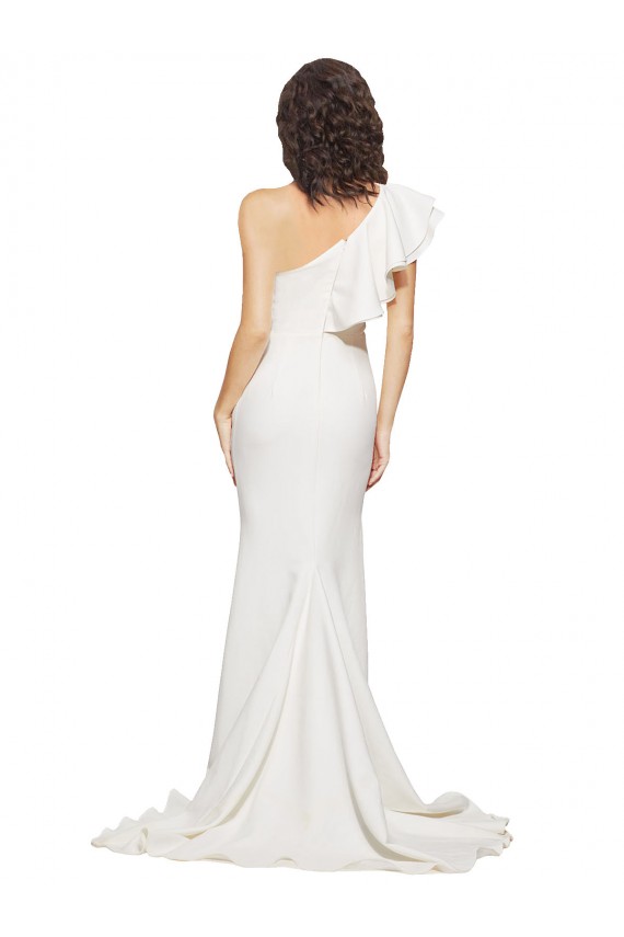 Ruched Long Sweep Train Crepe Prom Dress with Shoulder Ruffles
