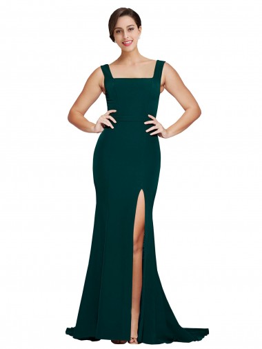 Discount Fitted Square Neck Long Crepe Prom Dress with Train and Side Split UK