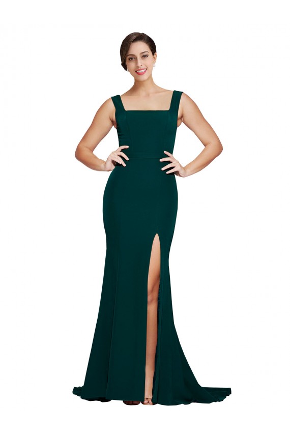 Fitted Square Neck Long Crepe Prom Dress with Train and Side Split