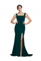 Fitted Square Neck Long Crepe Prom Dress with Train and Side Split