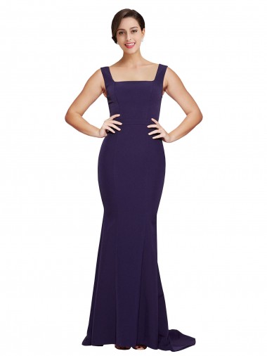 Discount Square Neck Long Sweep Train Crepe Prom Dress with Thick Straps UK