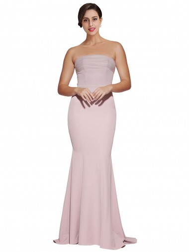 Discount Straight Neck Long Strapless Crepe Prom Dress with Soft Tulle Overlay and Small Train UK
