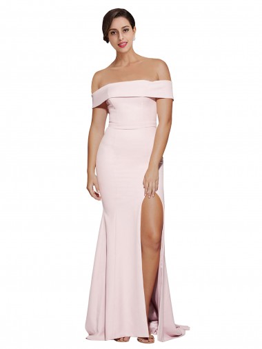 Discount Off Shoulder Long Crepe Prom Dress with Straight Neckline and Side Split UK