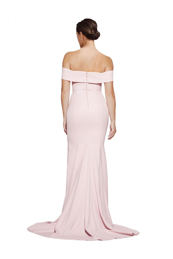 Off Shoulder Long Crepe Prom Dress with Straight Neckline and Side Split
