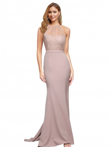 Discount Long Sweetheart Crepe Prom Dress with High Neck Illusion Tulle Details UK