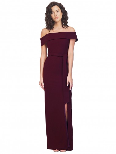 Discount Fitted Full Length Off the Shoulder Crepe Prom Dress with Side Split and Waist Tie UK