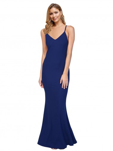Discount Full Length V-Neckline Crepe Prom Dress with Thin Straps and Fulted Skirt UK