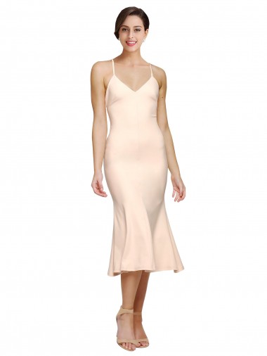 Discount Midi Length V-Neckline Crepe Cocktail Prom Dress / Homecoming Dress with Thin Straps and Fulted Skirt UK