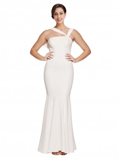 Discount Full Length Square Neck Crepe Prom Dress with Asymmetrical Straps and Bow Back UK