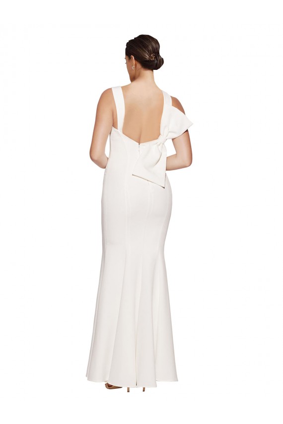 Full Length Square Neck Crepe Prom Dress with Asymmetrical Straps and Bow Back