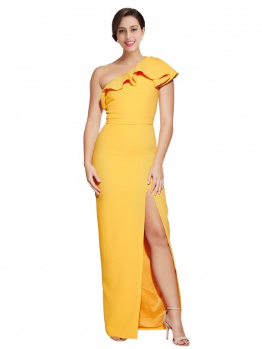 Discount One Shoulder Floor Length Crepe Prom Dress with Thigh High Split UK