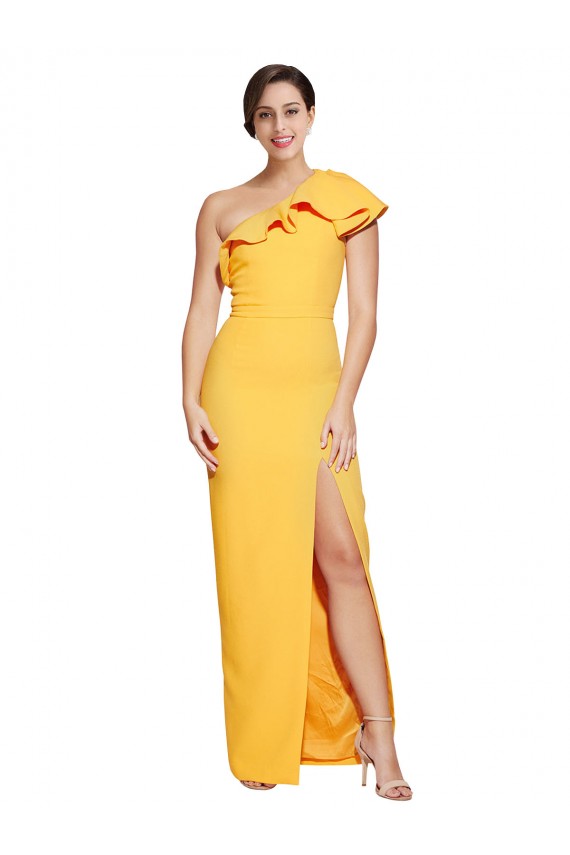 One Shoulder Floor Length Crepe Prom Dress with Thigh High Split