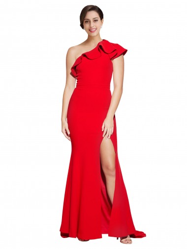 Discount One Shoulder Long Sweep Train Crepe Prom Dress with Thigh High Split UK