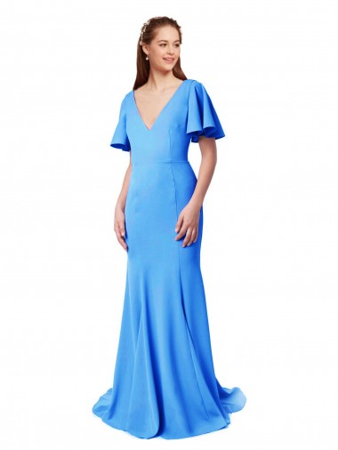 Discount Short Sleeves Long V-Neck Crepe Prom Dress with V-Back UK
