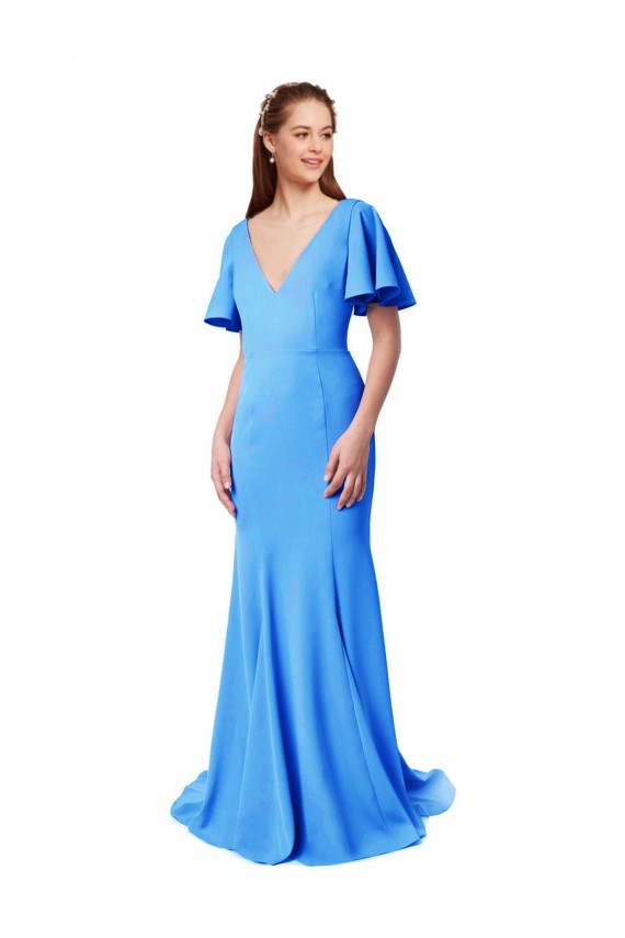 Short Sleeves Long V-Neck Crepe Prom Dress with V-Back