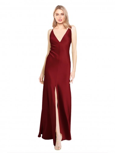 Discount Floor Length Deep V-Back Stretch Satin Prom Dress with Front Slit UK