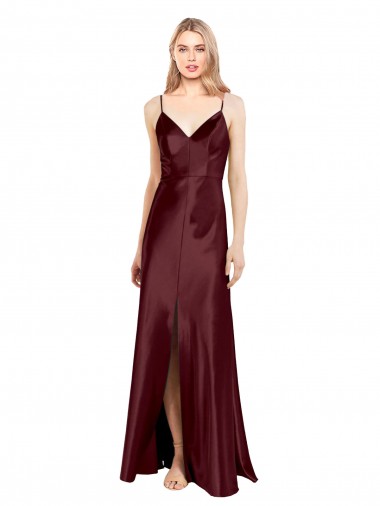 Discount Sleek Spaghetti Straps V-Neck Stretch Satin Prom Dress with Center Front Slit UK