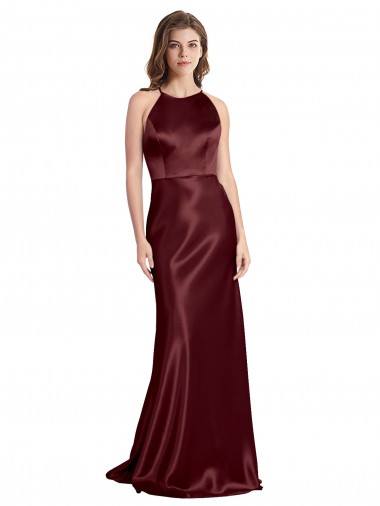 Discount High Neck Halter Long Sleeveless Stretch Satin Prom Dress with Strappy Back UK
