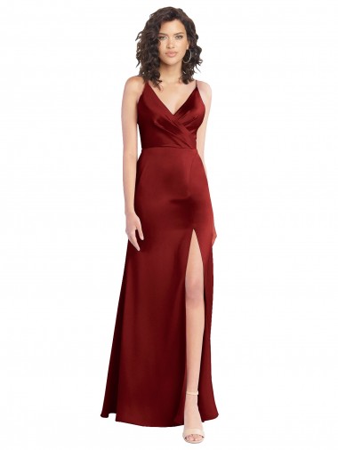 Discount Faux Surplice Neckline Long Slim A-Line Stretch Satin Prom Dress UK
