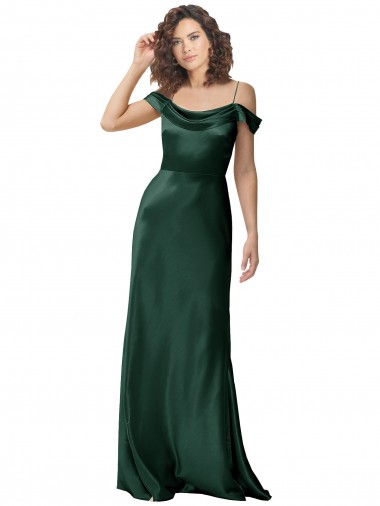 Discount Off the Shoulder Sleeves Long Stretch Satin Prom Dress with Pleated Draped Neckline UK