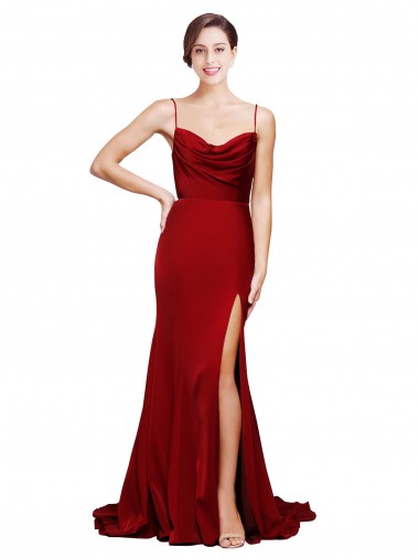 Discount Cowl Front Neck Sweep Train Stretch Satin Prom Dress with High Side Split UK