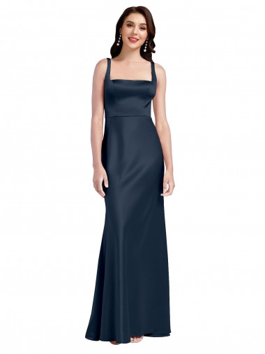 Discount Square Neck A-Line Long Stretch Satin Prom Dress with Wide Straps UK