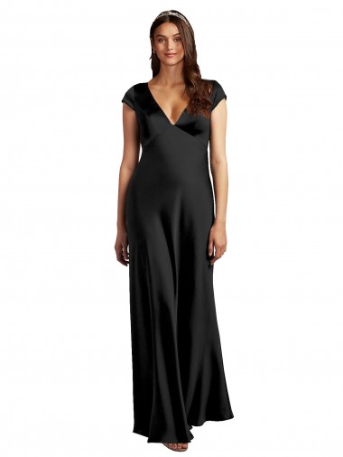 Discount Plunging V-Neck Cap Cleeves Long Stretch Satin Prom Dress with Keyhole Back UK