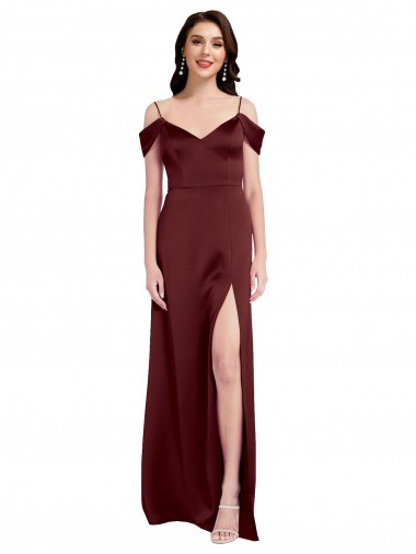 Discount Draped Off the Shoulder Sleeves Slim A-Line Stretch Satin Prom Dress with Side Slit UK