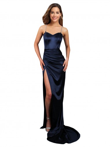 Discount Pleated Sash Skirt Long Stretch Satin Prom Dress with High Slit UK