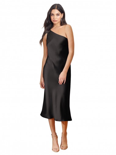 Discount Sleek One Shoulder Midi Length Short Stretch Satin Slip Cocktail Prom Dress / Homecoming Dress UK