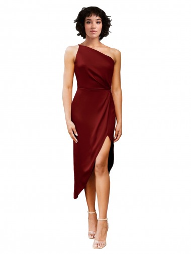 Discount One Shoulder Midi Length Short Stretch Satin Wrap Style Cocktail Prom Dress / Homecoming Dress UK